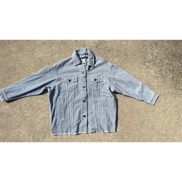Zara Jacket Women Size XS Light Blue Corduroy Long Sleeve Button Down Raw Hem - Picture 1 of 6